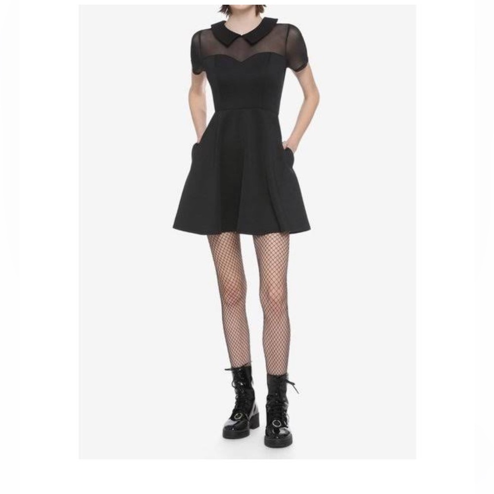 Hot topic black dress mesh collared Wednesday Addams goth punk school girl sz xs
